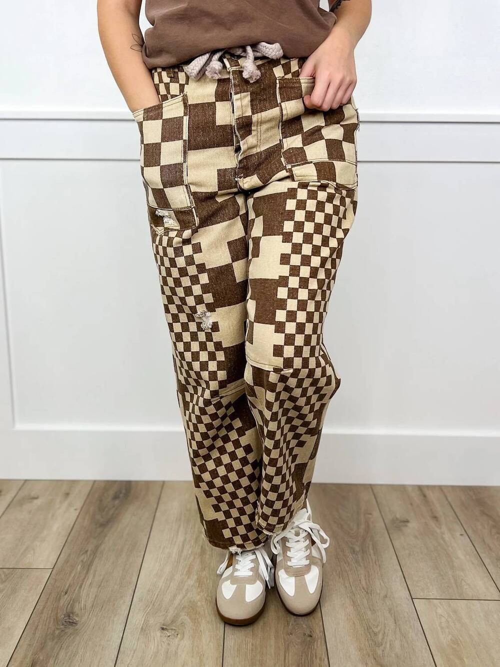 NEW BIBI let's rally high-rise cotton wide leg checkered bottoms in brown